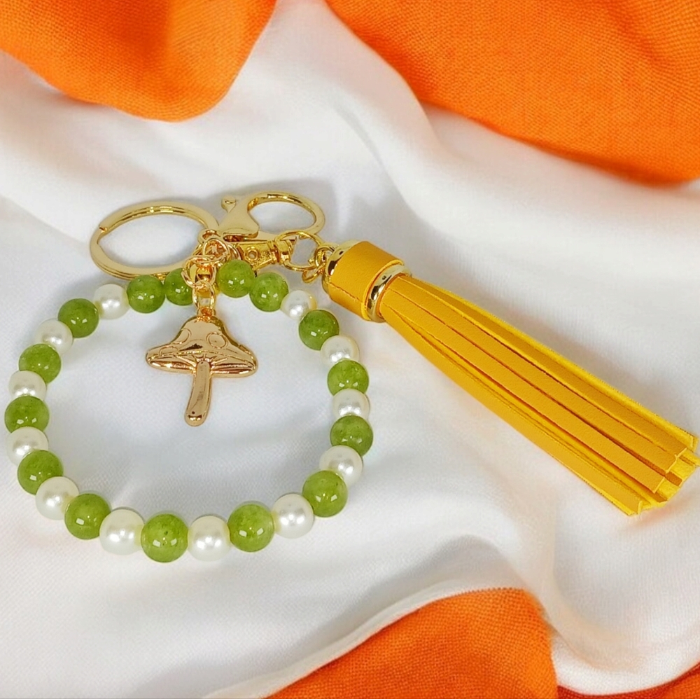 Beaded Bag Charm Key Charm Mushroom Green Peridot Pearl Mustard Tassel Y2K 00s